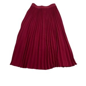 Burgundy Red Pleated Midi Skirt Elastic Waist Cotton Blend Small